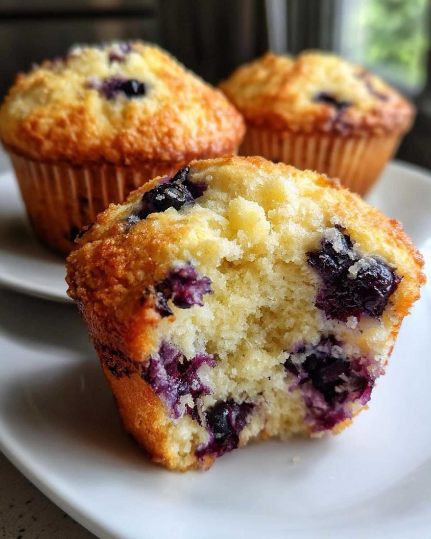 Golden blueberry muffins, one broken open to show the berries