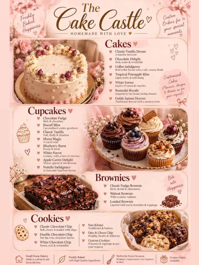The Cake Castle menu of cakes, cupcakes, brownies and cookies