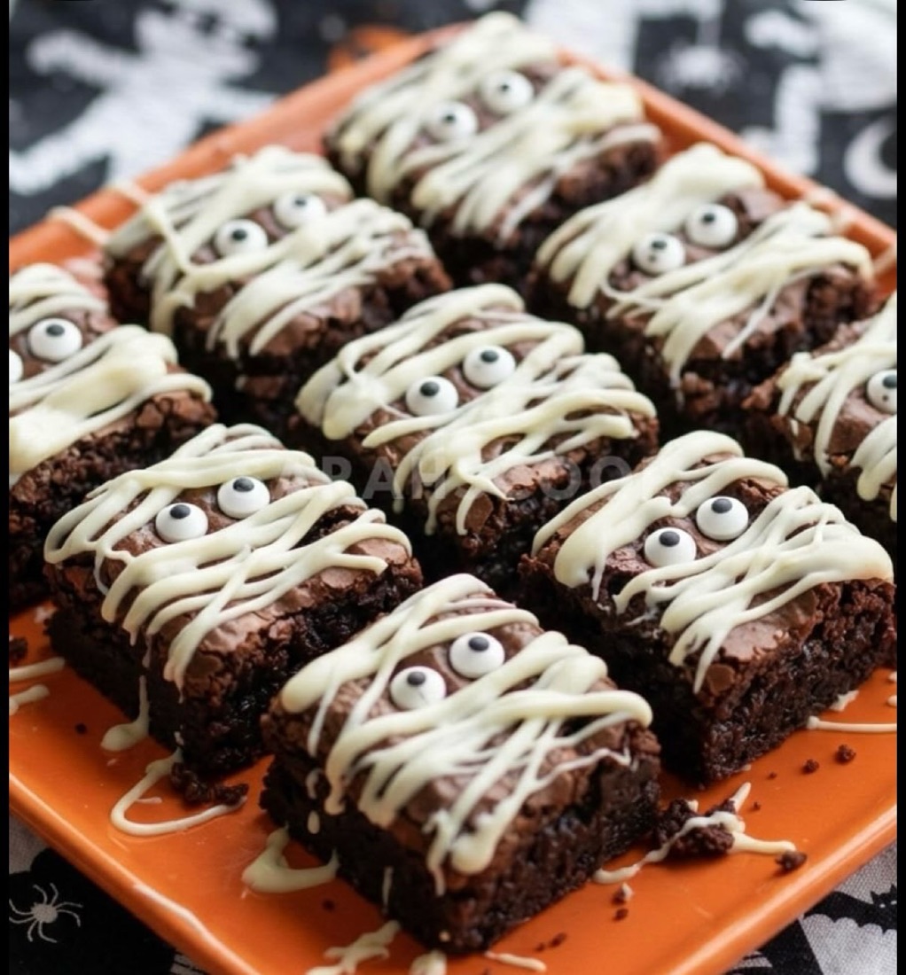 Fudgy brownies decorated as little mummies with candy eyes