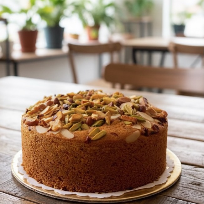 A round nut cake topped with almonds and pistachios